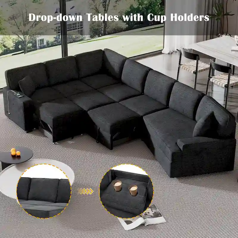 Black 126  L-Shaped 6-Seater Sofa with Pull-Out Bed and Cup Holders