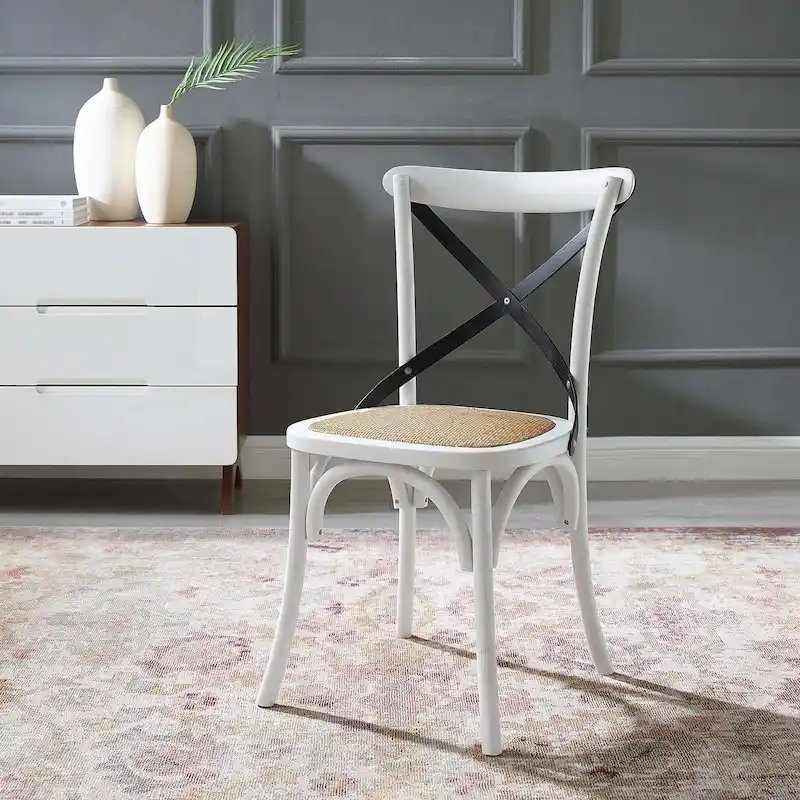 Dining Chair, Cross-Back, Natural Rattan Seat, Elm Wood Frame, Capped Feet, Seats 1, White/Black & Harbor