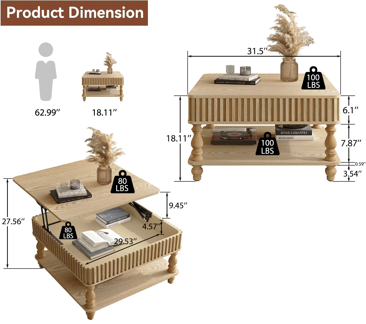 Walker Edison | Lift-Top Elevated Traditional Fluted Coffee Table