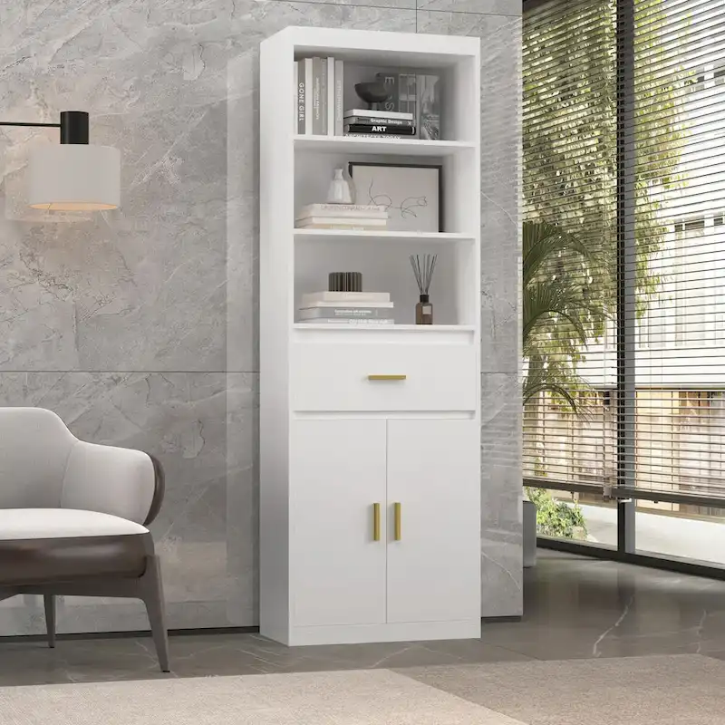 White Tall Linen Cabinet with 2 Doors, 1 Drawer & 2 Open Shelves