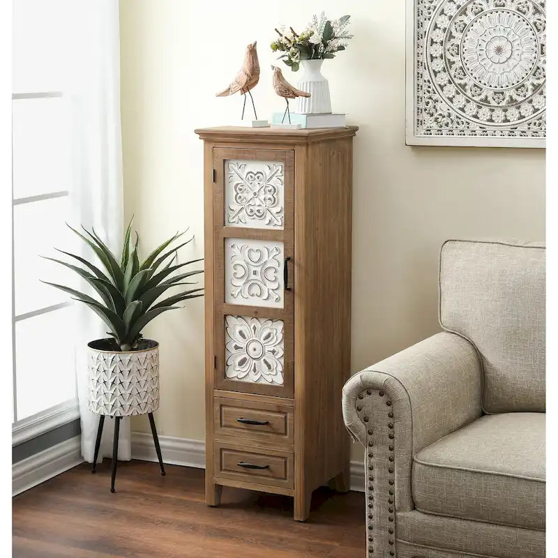 White and Brown Wood 2-Drawer and 1-Door Slim Storage Cabinet - 48.3 Tall