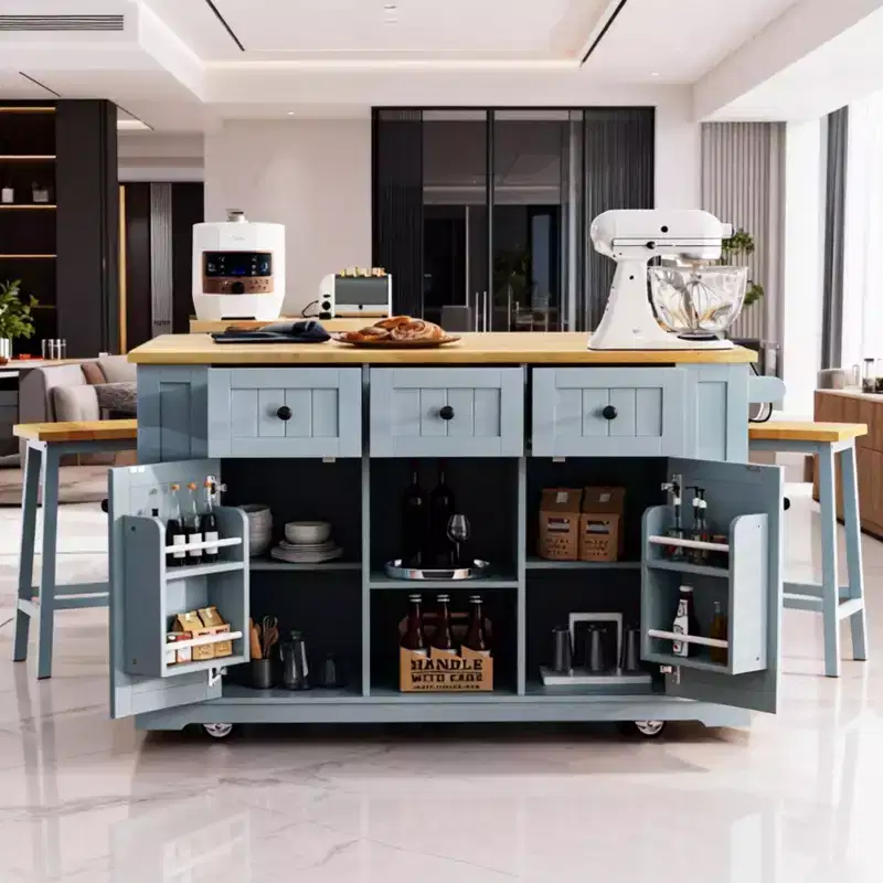 53 Large Rolling Kitchen Island with Drop Leaf & Power Outlet, Kitchen Cart with Door Storage, 5 Side Racks & 5 Wheels, Grey Blue