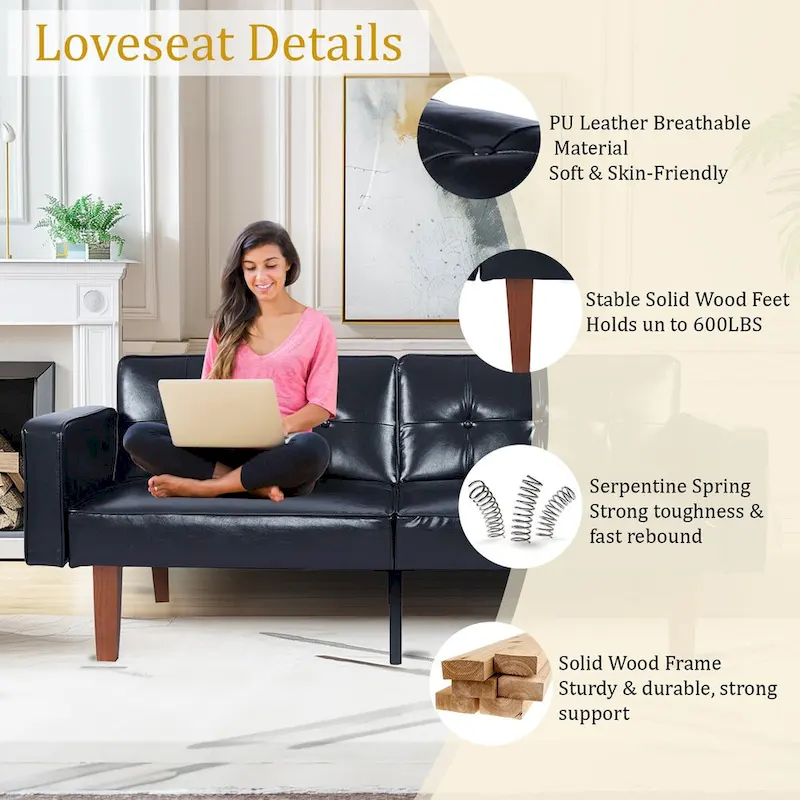 68 in. Soft Convertible Sofa Bed with Adjustable Backrest and Solid Wood Legs