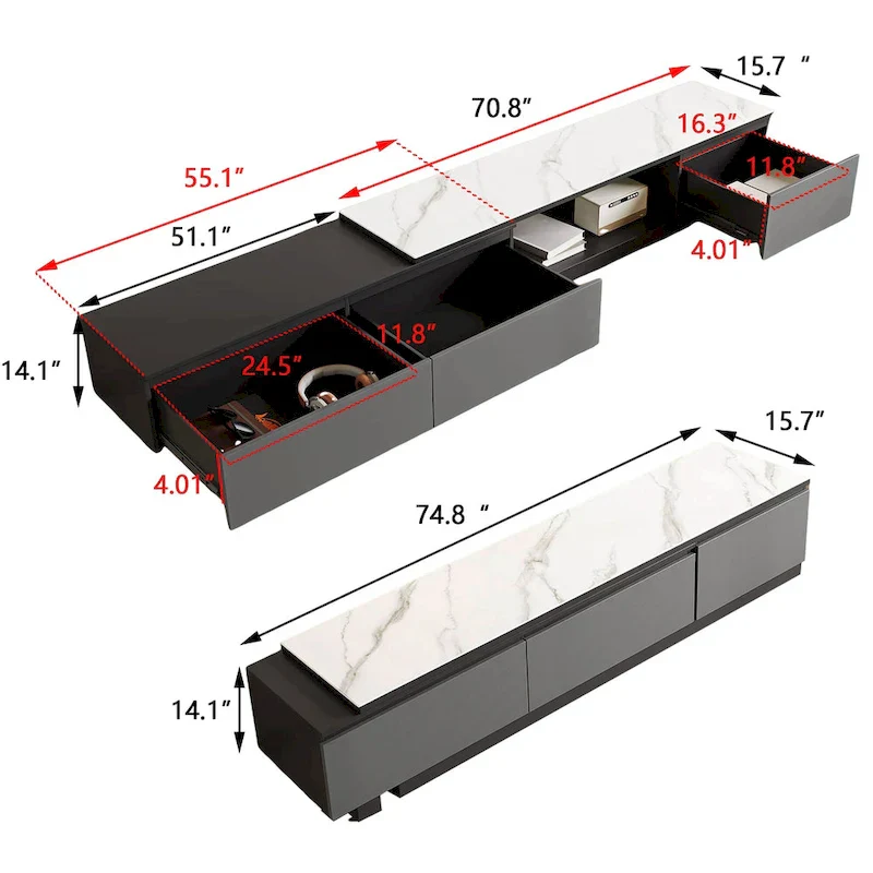Extendable TV Stand Media Console With 3 Drawers - 75 - 122