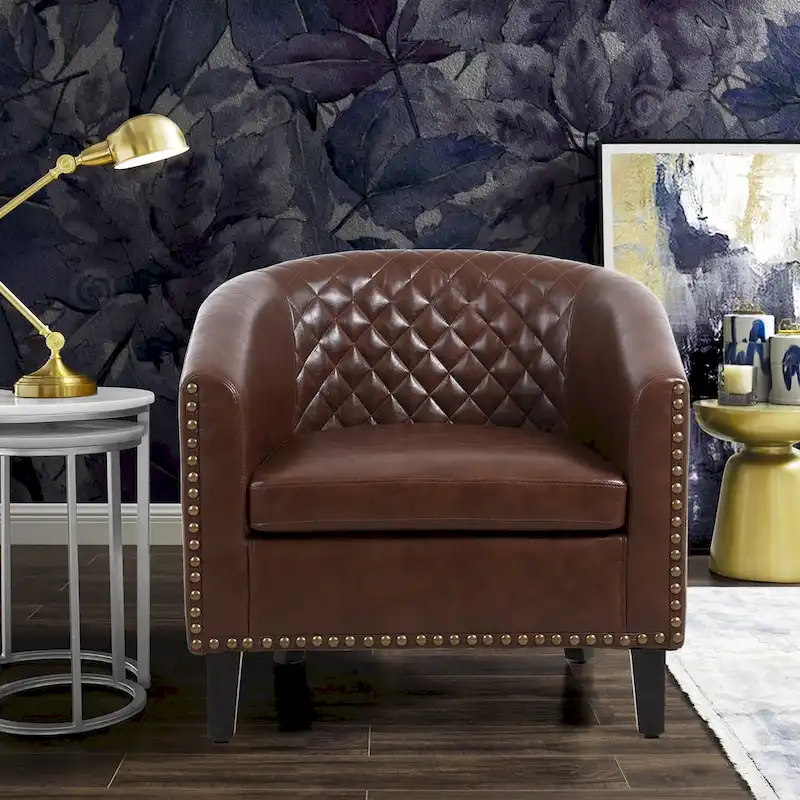 Barrel Accent Chair with Nailhead Trim and Solid Wood Legs