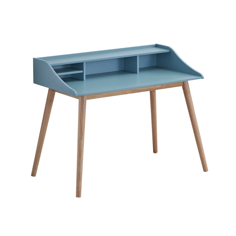 Roundhill Furniture Roskilde Mid-Century Modern Wood Writing Desk with Hutch, Blue