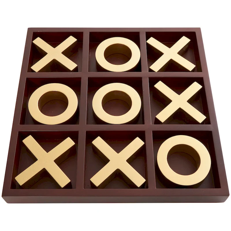 Brown Wood Tic Tac Toe Game Set with Gold X and O Pieces