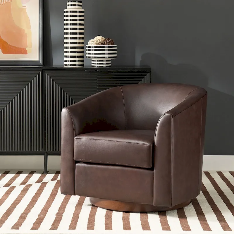 Althea Modern Genuine Leather Swivel Barrel Chair with Solid Wood Base By HULALA HOME