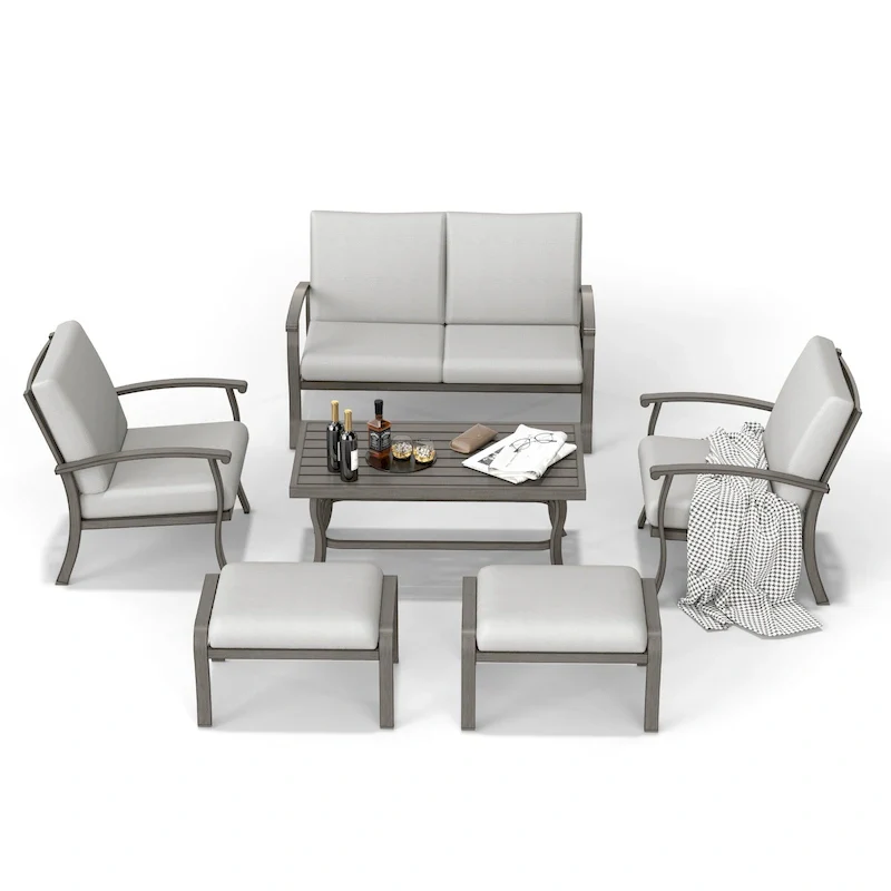 6-Piece Aluminum Patio Conversation Set with Coffee Table, Loveseat, Ottoman and Light Gray Cushions