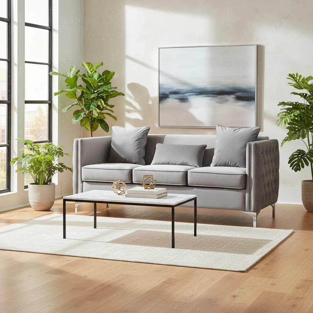 Joel 73 Inch Modern Sofa with 3 Pillows, Tufted Gray Velvet, Silver Legs