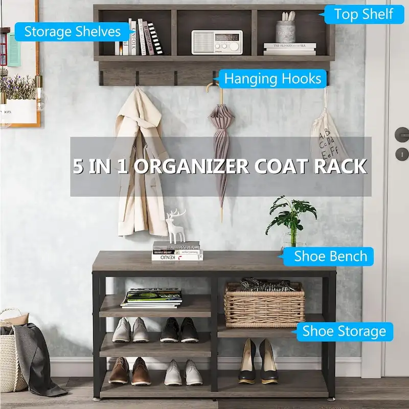 Industrial Entryway Shoe Bench and Wall-Mounted Coat Rack Set, Rustic Brown