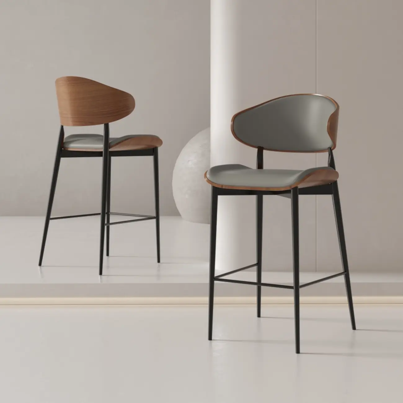 Modern Black Metal Leather Counter Height Bar Stools