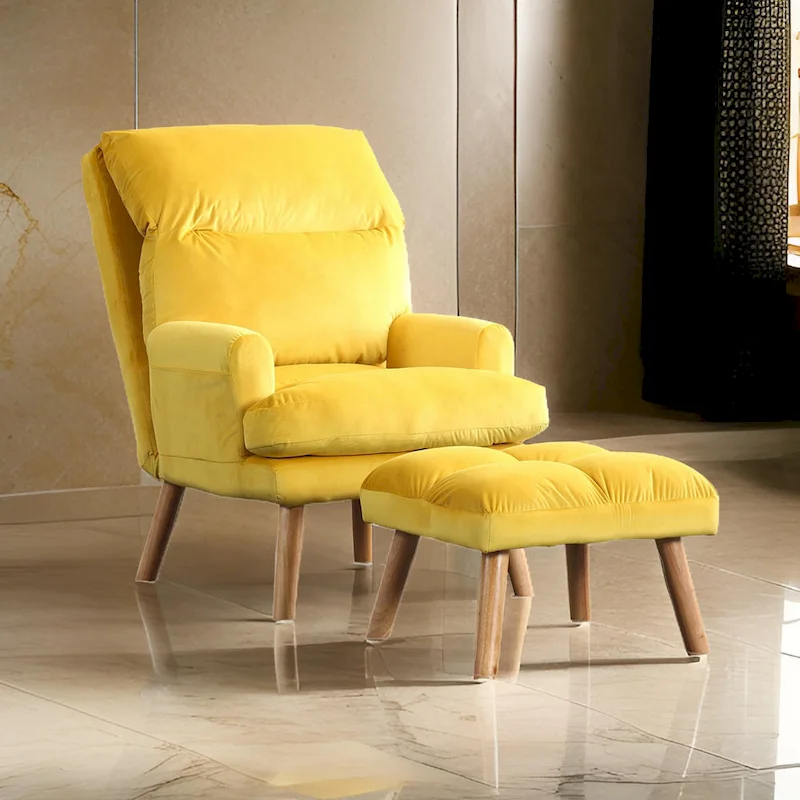 Nina 28 Inch 2 Piece Accent Chair and Ottoman Set, Splayed Legs, Yellow