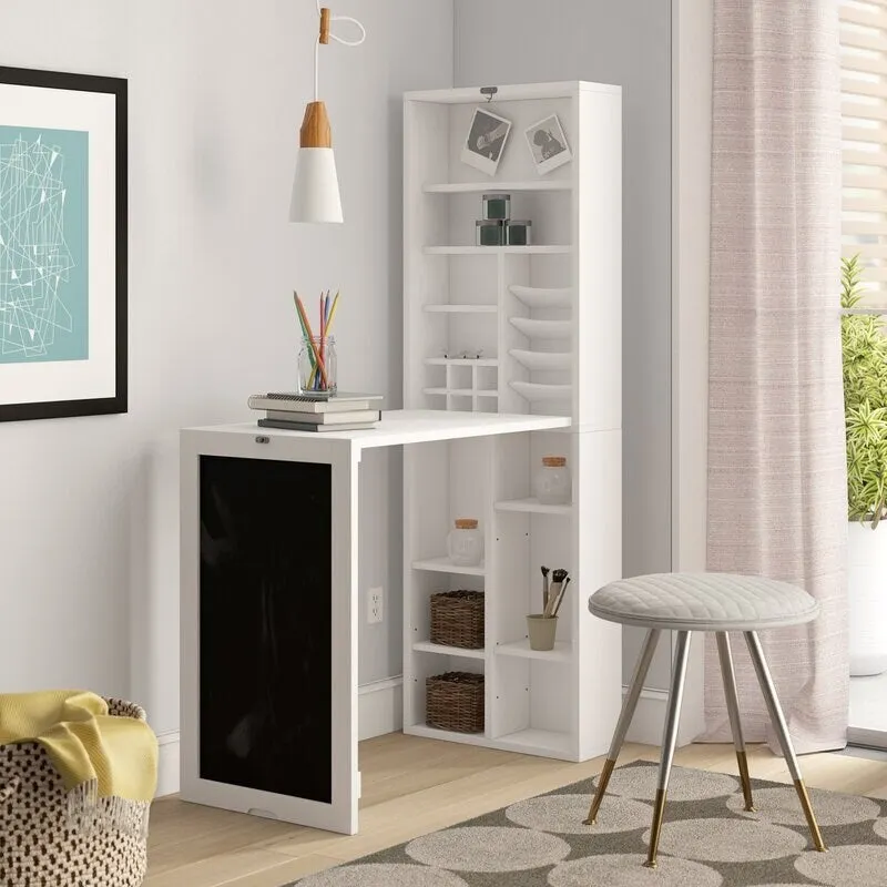 Utopia Alley Collapsible Fold Down Desk Table with Storage Cabinet & Bottom Shelves, Computer Desk With Storage, White