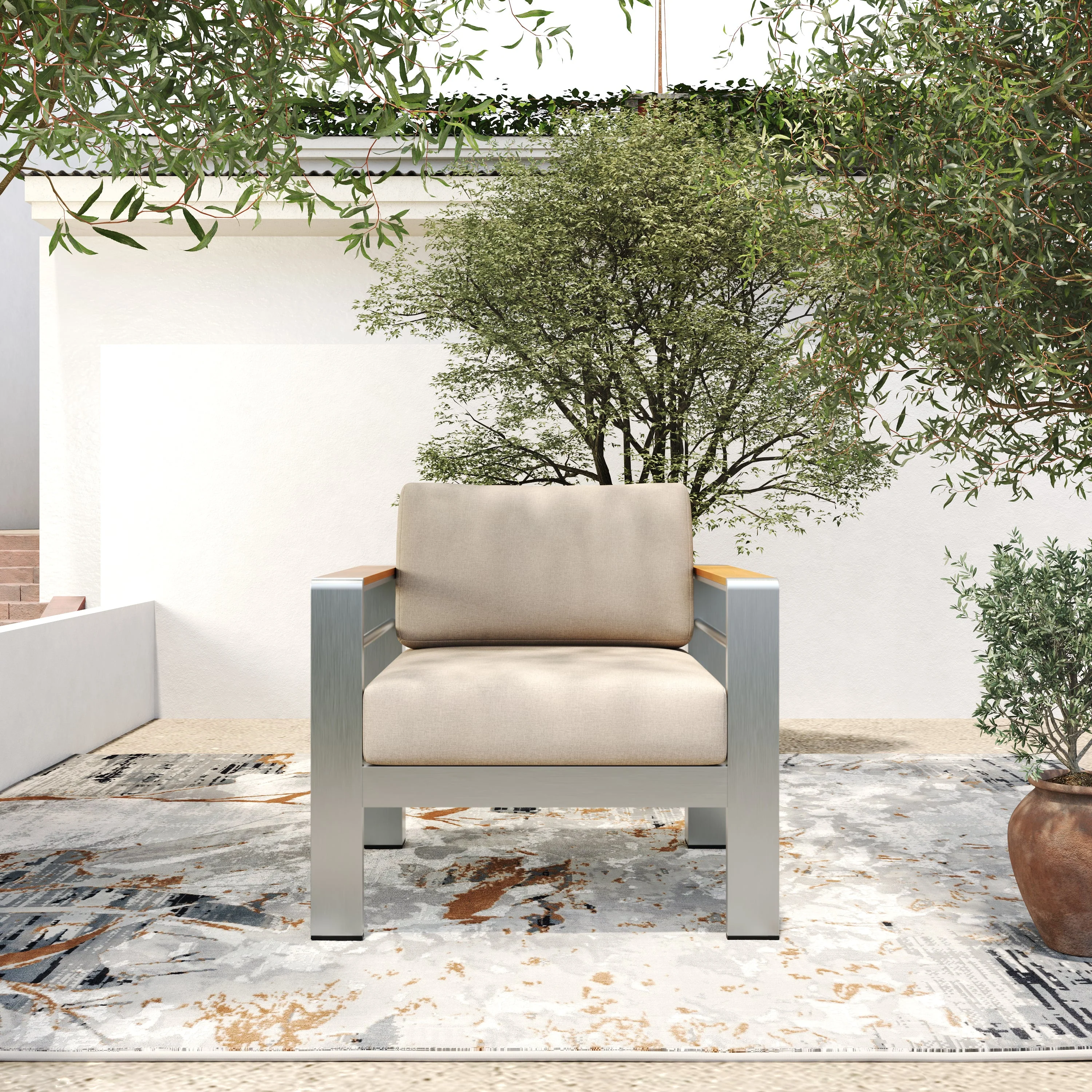 Steava Aluminum Outdoor Patio Club Chair with Beige Cushions