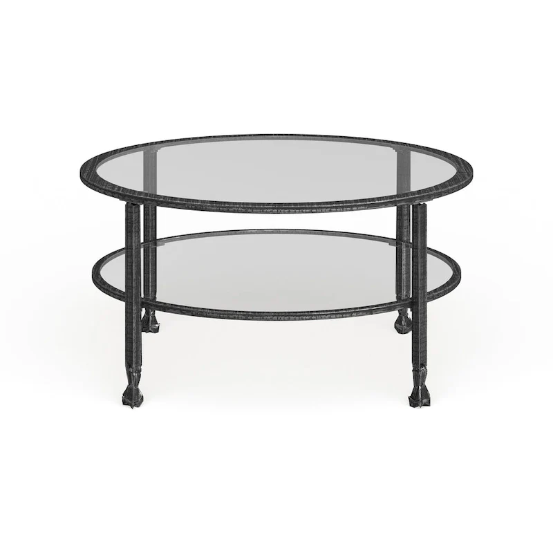 SEI Furniture Glenn Distressed Black Metal Round CoffeeTable with Glass Top and Shelf
