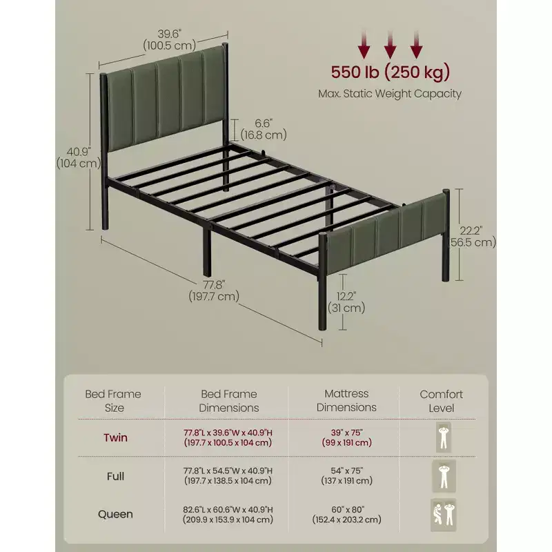 VASAGLE Twin Bed Frame with Upholstered Headboard,Footboard,550 lb Weight Capacity,Steel Slats,Easy Assembly,No Box Spring Needed