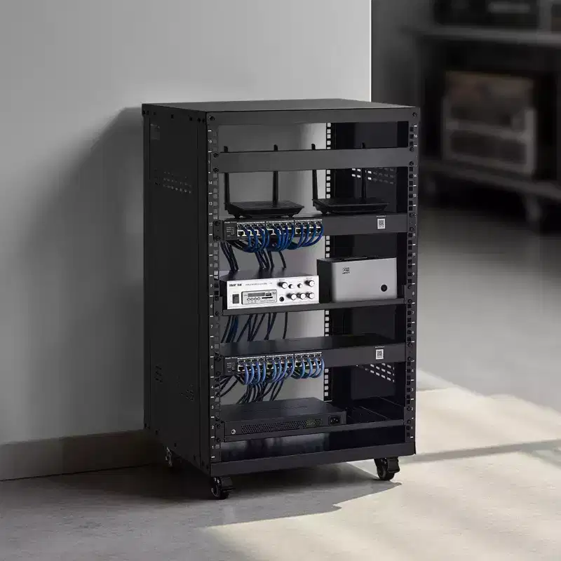 16U AV Rack, 200 lbs Max Capacity, Home Recording Studio Rack with Lockable Caster Wheels, Open Frame Server Cabinet, Special Vent Design, Black