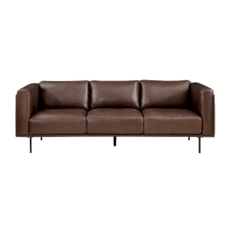 Sen 88 Inch Low Back Tufted Sofa, Brown Top Grain Leather, Metal Legs