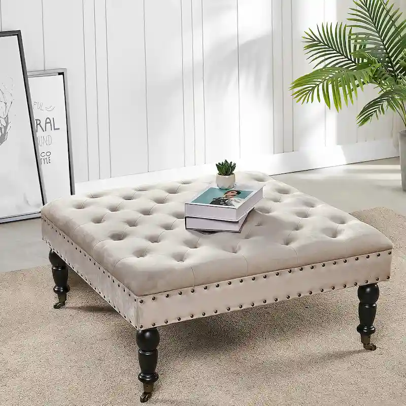 Button-Tufted Round Ottoman – 33 x 33 x 18 Inch