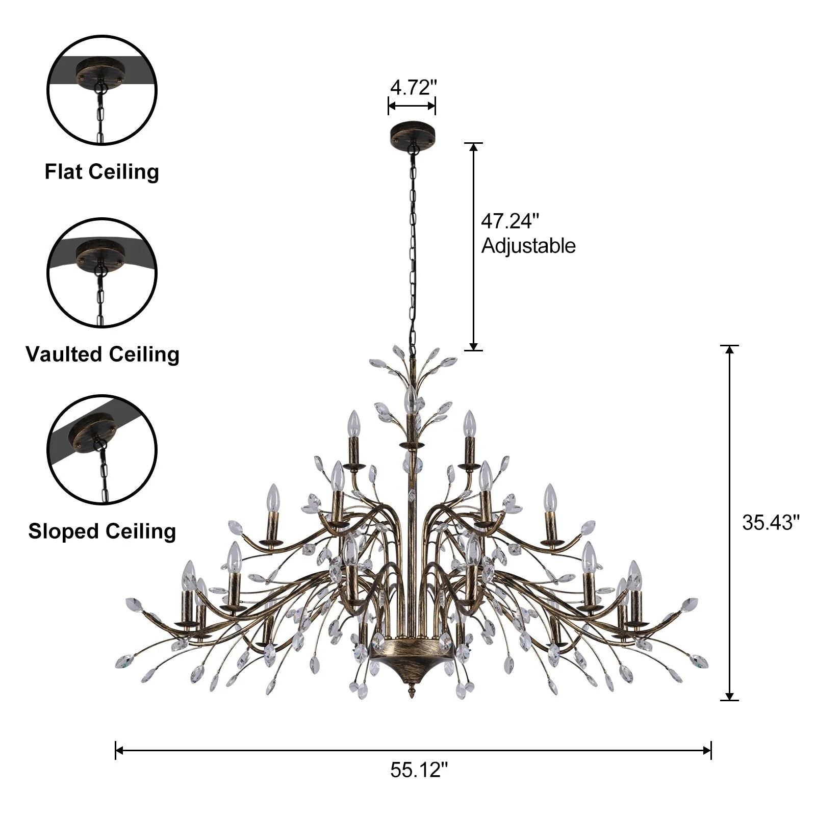 Farmhouse Retro Tree Branch Crystal Chandelier Candle-Style Pendant Light