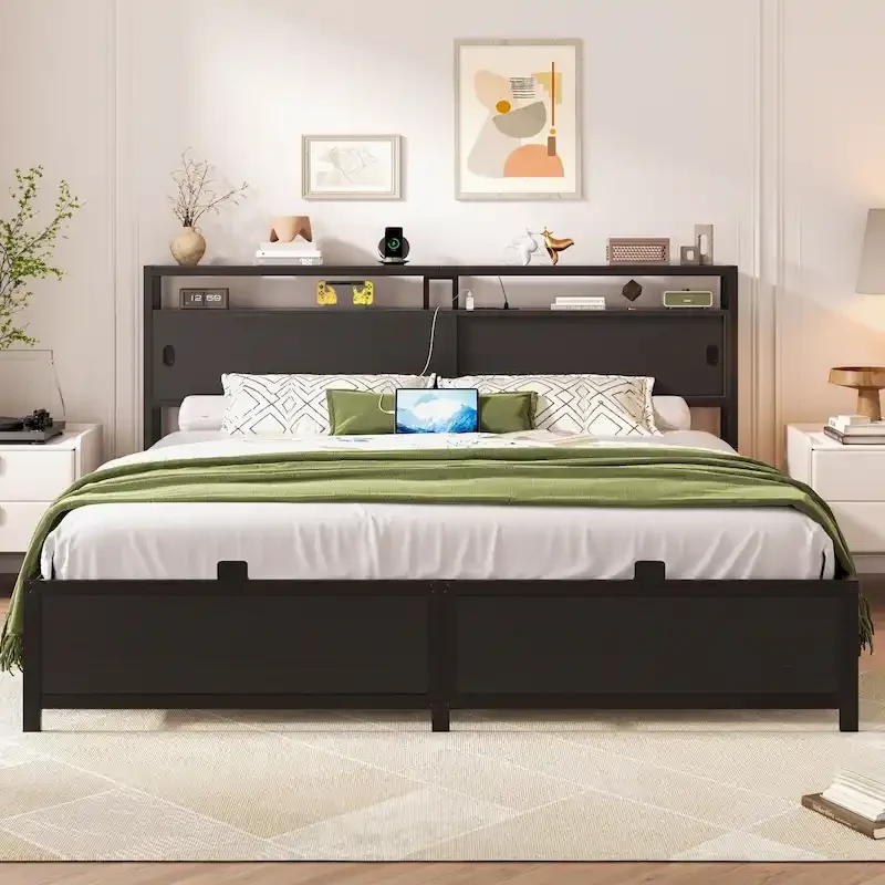 Platform Bed Frame with Sliding Doors Storage Headboard, Beds with Charging Station and LED Light