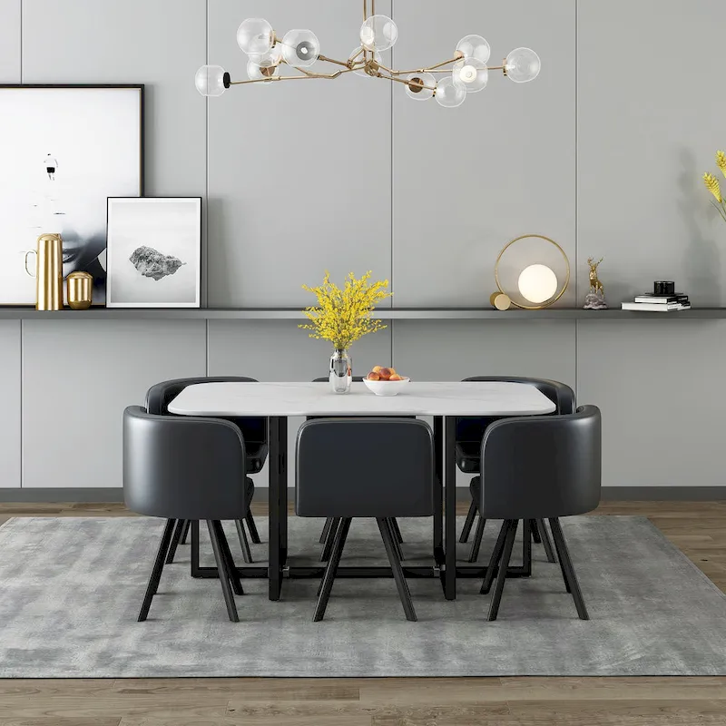 Modern 7-Piece Dining Set with Rectangular Marble Table & 6 Upholstered Chairs