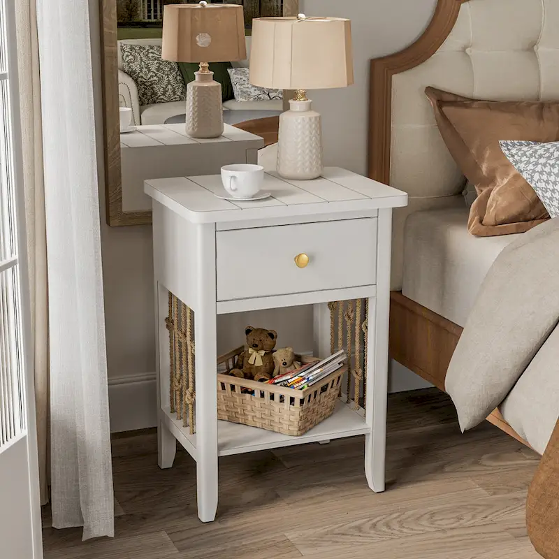 COSIEST Distressed White End Table with Drawer - 14D x 18W x 26.4H