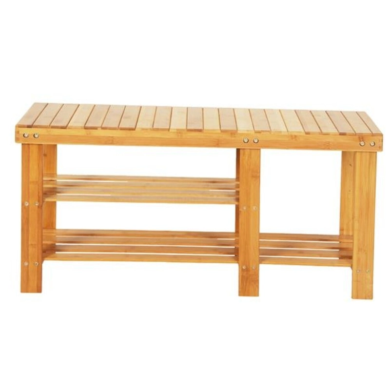 90cm Strip Pattern Tiers Bamboo Stool Shoe Rack with Boots Compartment Wood Color - 35.43 x 11.02 x 17.72