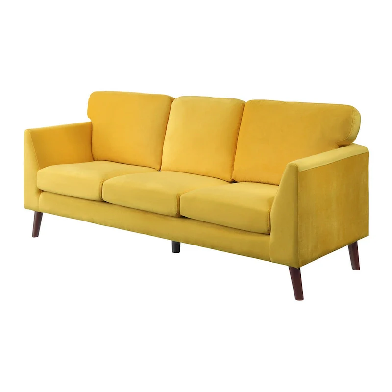 81 Inch Sofa, Yellow Velvet, Reversible Cushions, Dark Brown Wood