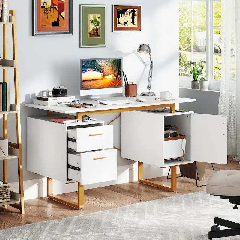 Costway 51  Home Office Desk with Floating Desktop Dual Drawers