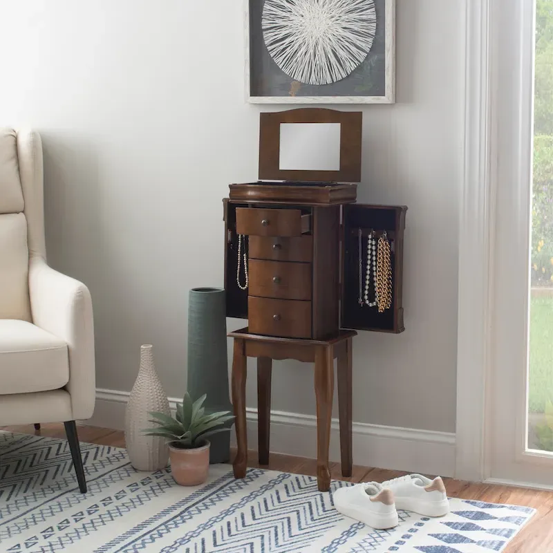 Mirrored Walnut Standing Jewelry Armoire