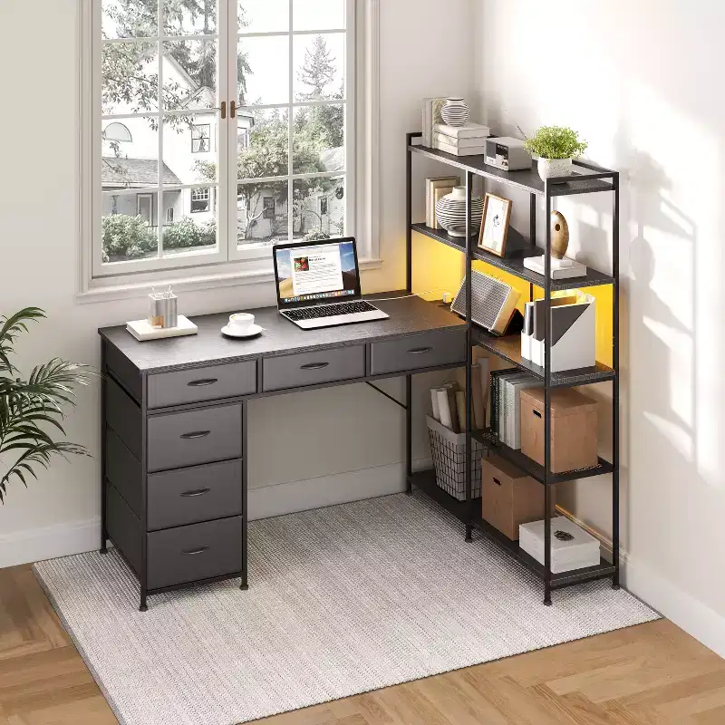 L-Shaped Desk with 6 Drawers & RGB Lights, Reversible, 1-Person — Black / Brown / White