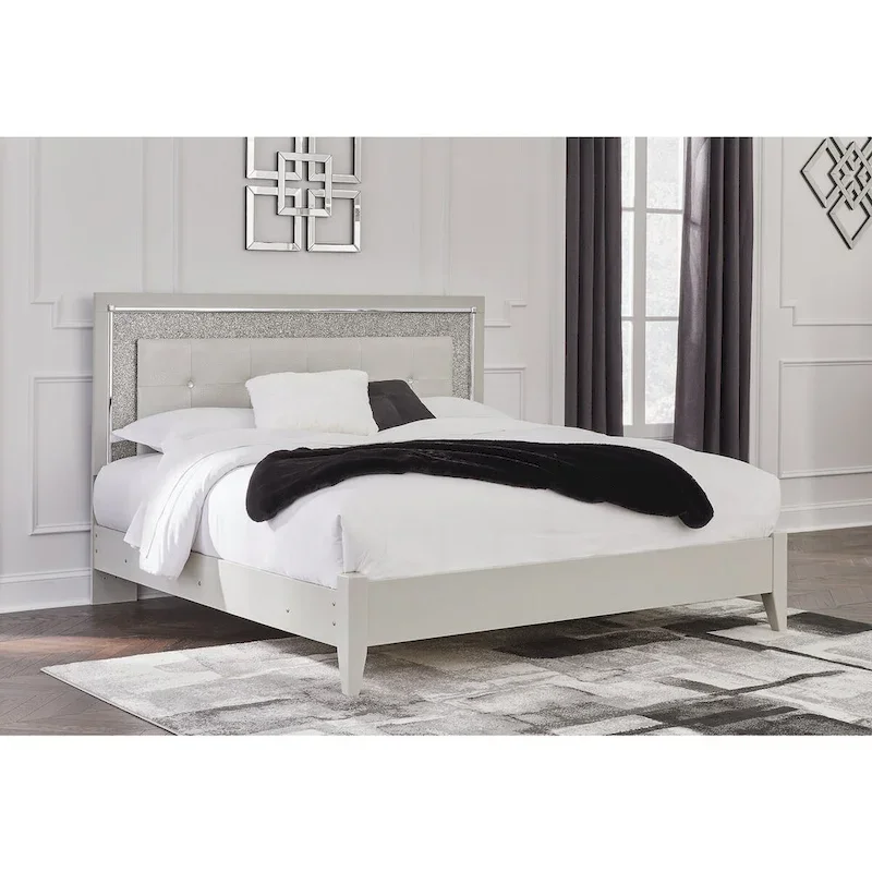 Signature Design by Ashley Zyniden Silver Upholstered Panel Headboard with 2 Nightstands