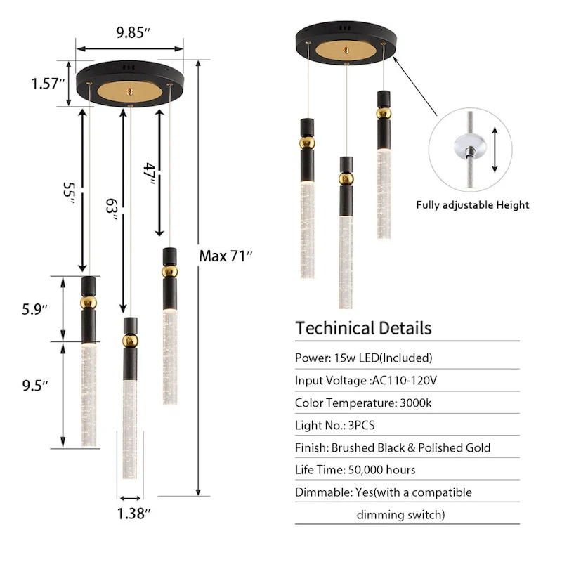 3-Light LED Crystal Pendant Light, Dimmable Ceiling Hanging Light Fixture