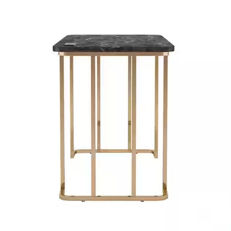 Jenny 47 Inch Desk, USB Power Outlet, Gold Metal Legs, Black Faux Marble