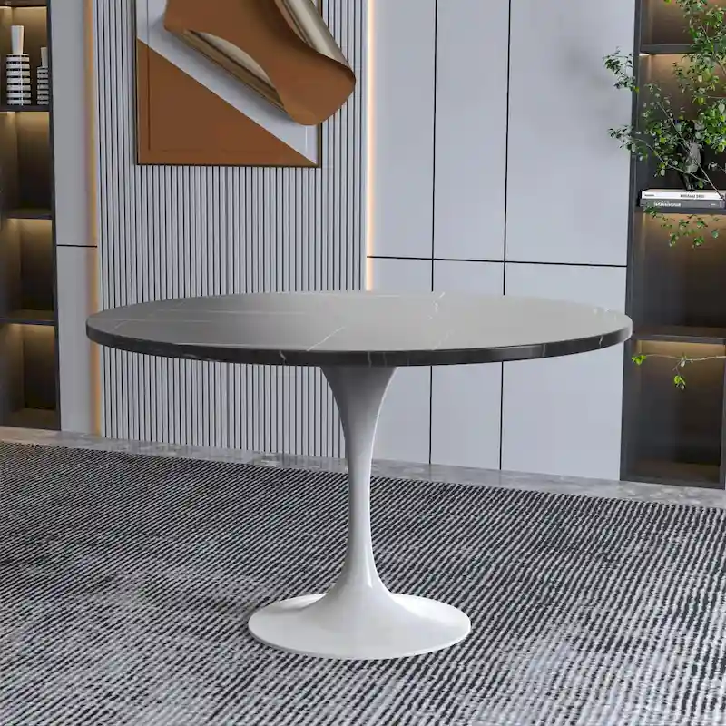 LeisureMod Verve 48  Round Dining Table with Stone TableTop and White Steel Base for Kitchen & Dining Room