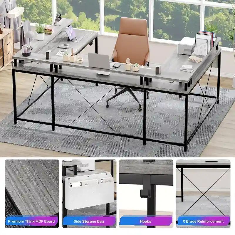 Reversible Shaped Large Computer Desk with Power Outlets