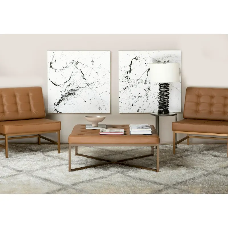 Metal and Tufted Leather Large Cocktail Ottoman