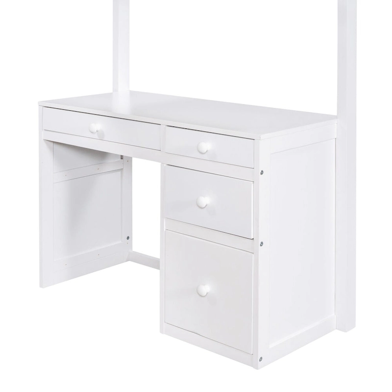 White Solid Wood Twin Size Loft Bed, Equipped with Stairs and Built-in Desk, with Shelves and Multiple Storage Drawers