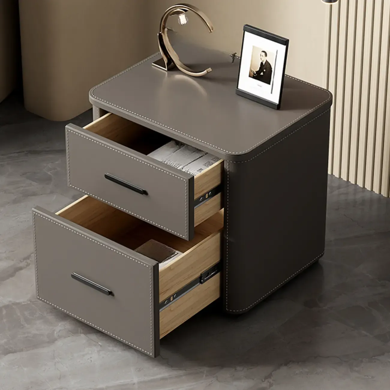 Modern Pine Wood Top 2 Drawers Nightstand