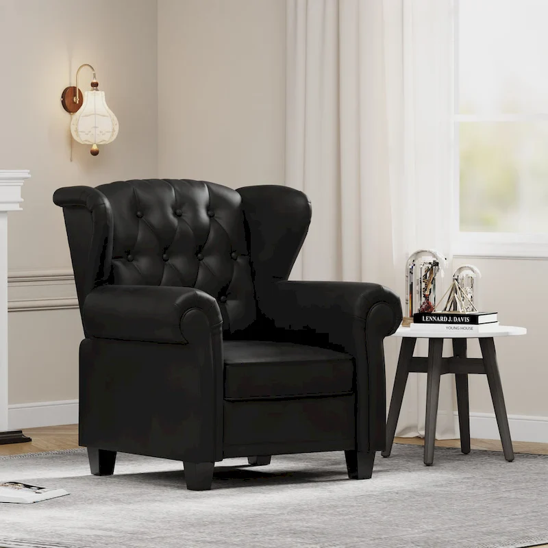 Modern Tufted Push Back Armchair Technical Leather Wingback Chair, Adjustable Single Sofa Chair with Sturdy Wood Legs