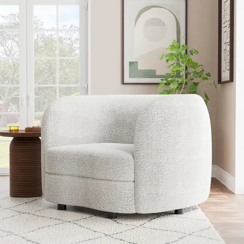 Modern Boucle Accent Chair with Curved Arms, Kidney Seat & Round Wood Legs