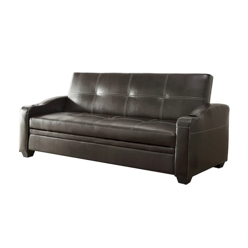 Ferry 83 Inch Lounger Sofa Bed, Tufted Brown Faux Leather, Solid Wood