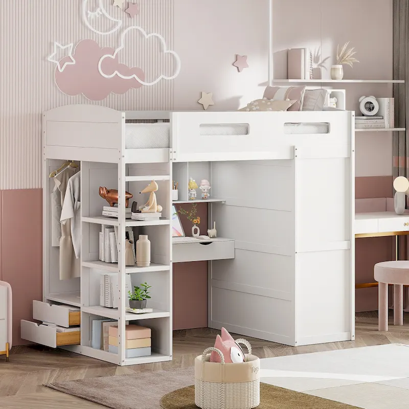Loft Bed with Desk, Wardrobes, 4 Drawers and 4 Shelves