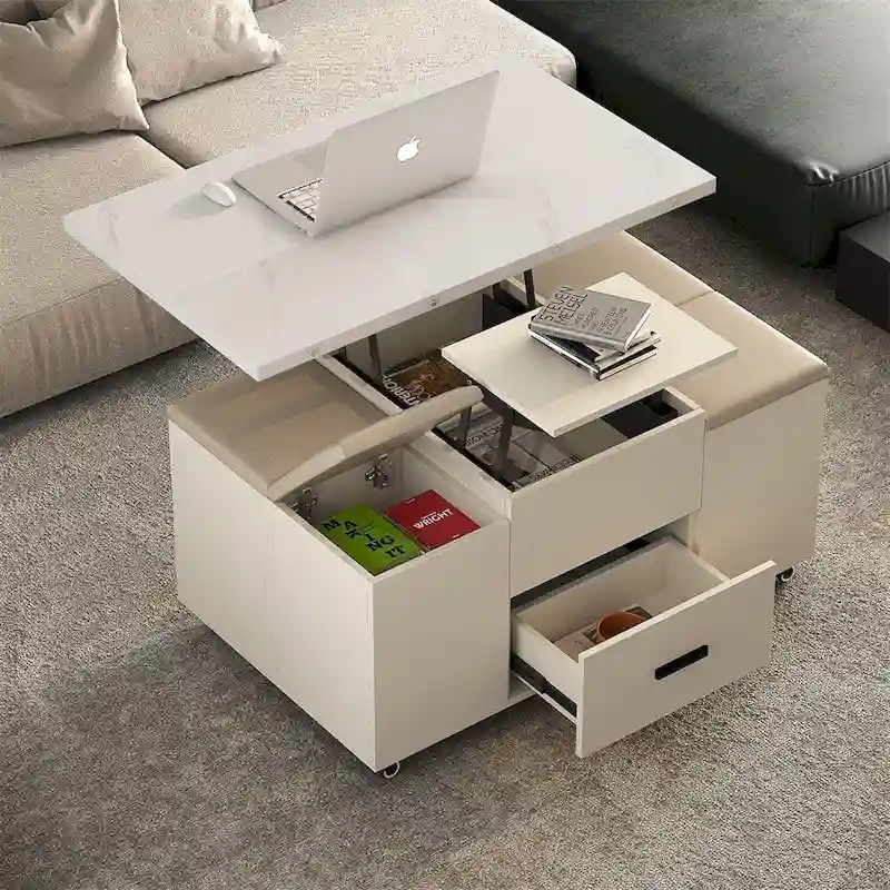 Modern Lift-Up Coffee Table with 4 Stools and 2 Drawers