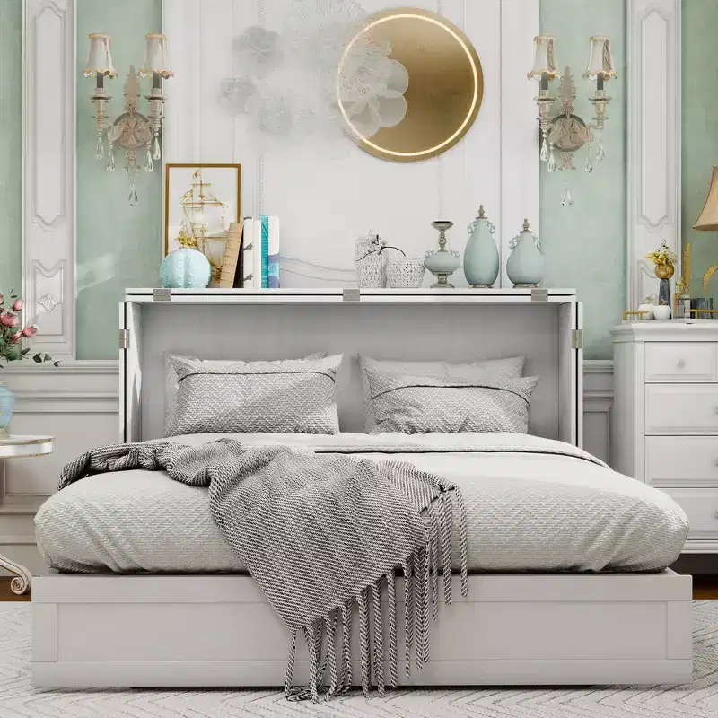 Keloyid Haimyy Solid Wood Frame Queen Murphy Bed Chest with Built-in Charger and Strong Drawer