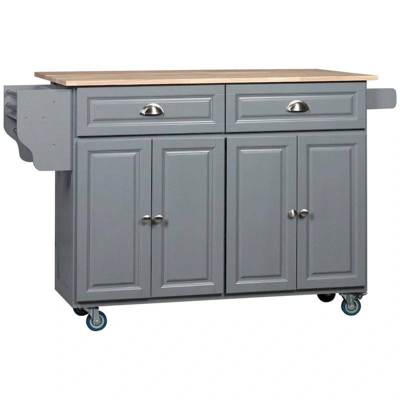 Rolling Kitchen Island, Drop-Leaf, Rubberwood Top, 2 Drawers & 2 Cabinets, 4 Wheels, 57.5
