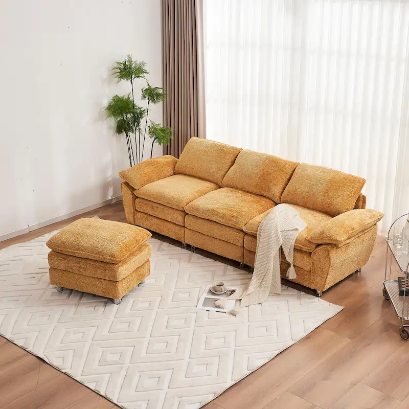 Modern Deep 3-Seat Sofa Couch with Ottoman