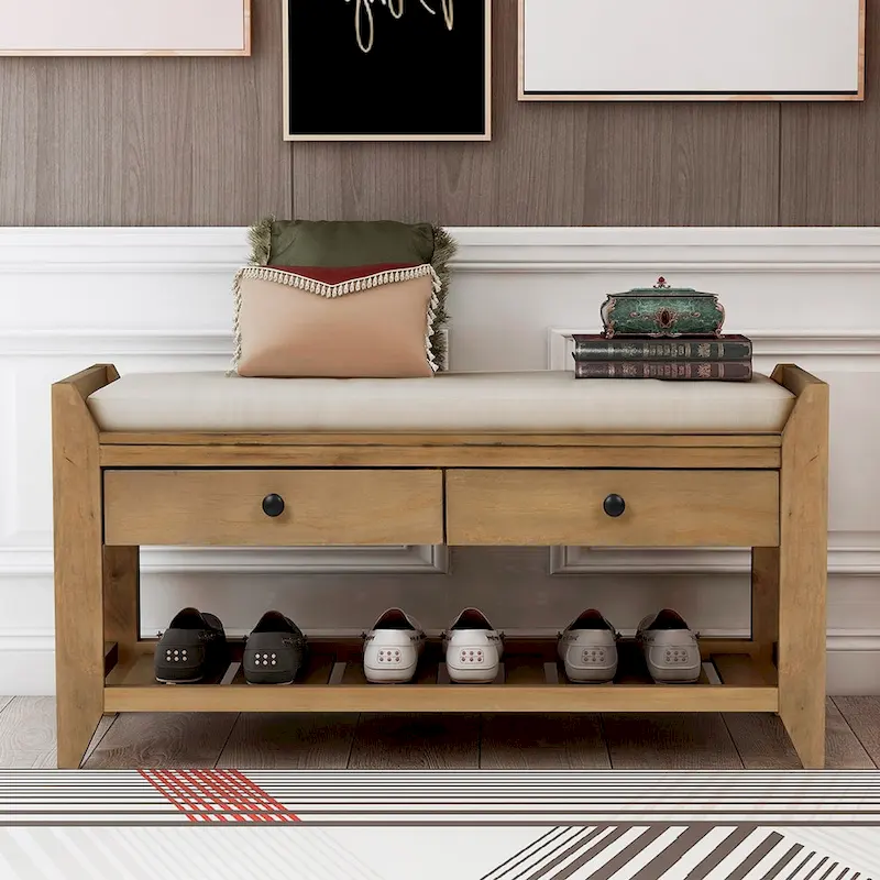Rustic Brown Storage Bench with Cushioned Seat and 2 Drawers